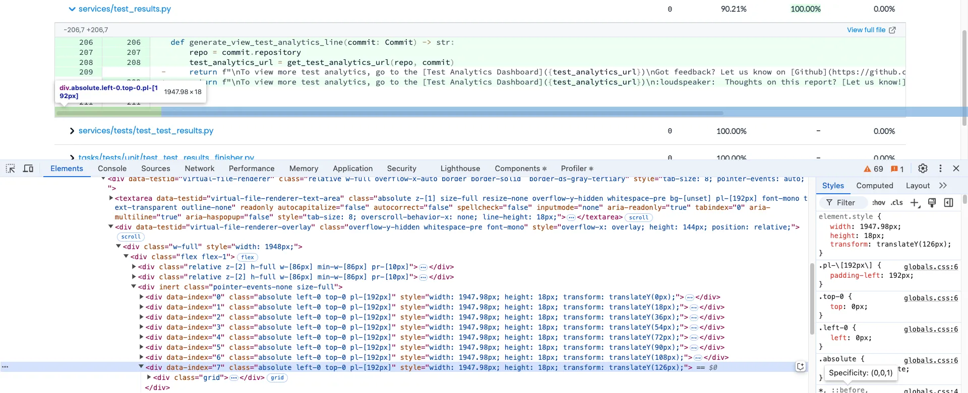 Browser dev tools highlighting last element being obscured by horizontal scrollbar